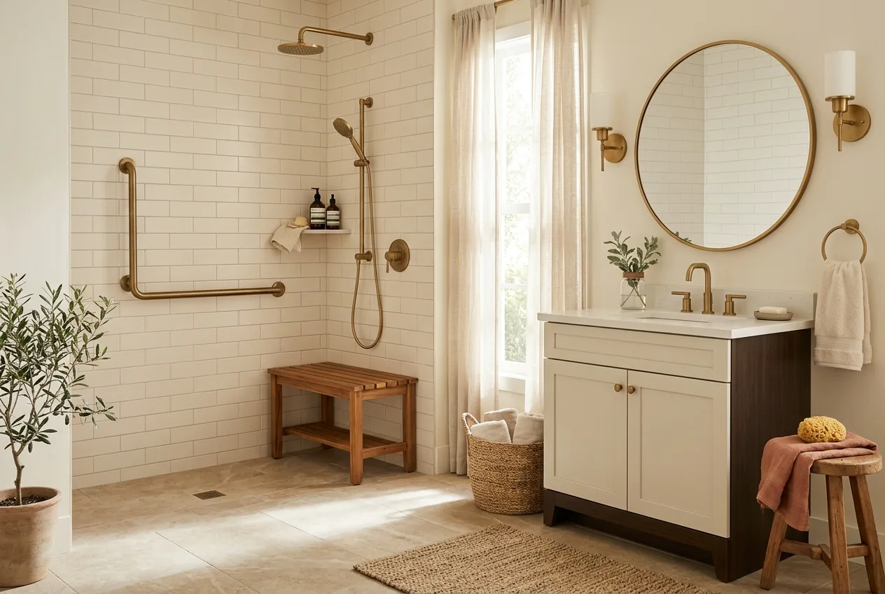 Accessible bathroom with a curbless walk-in shower and grab bar