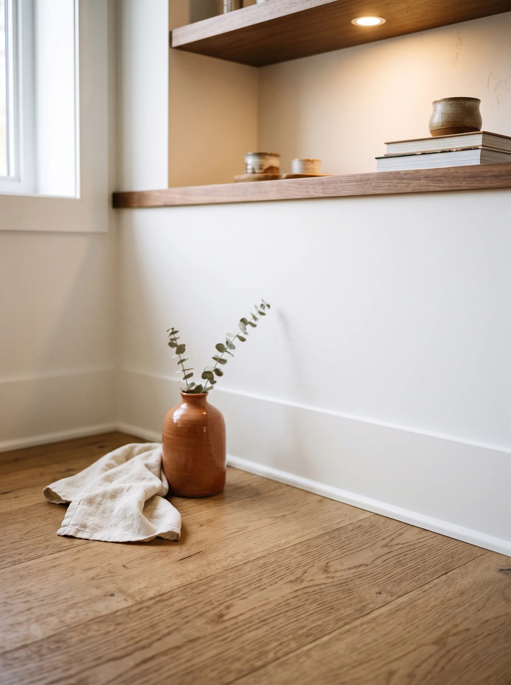 Close-up of a finished basement corner where crisp baseboard meets warm plank flooring