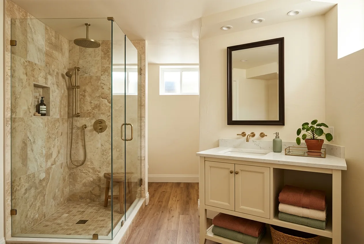 Finished basement bathroom with a glass walk-in shower