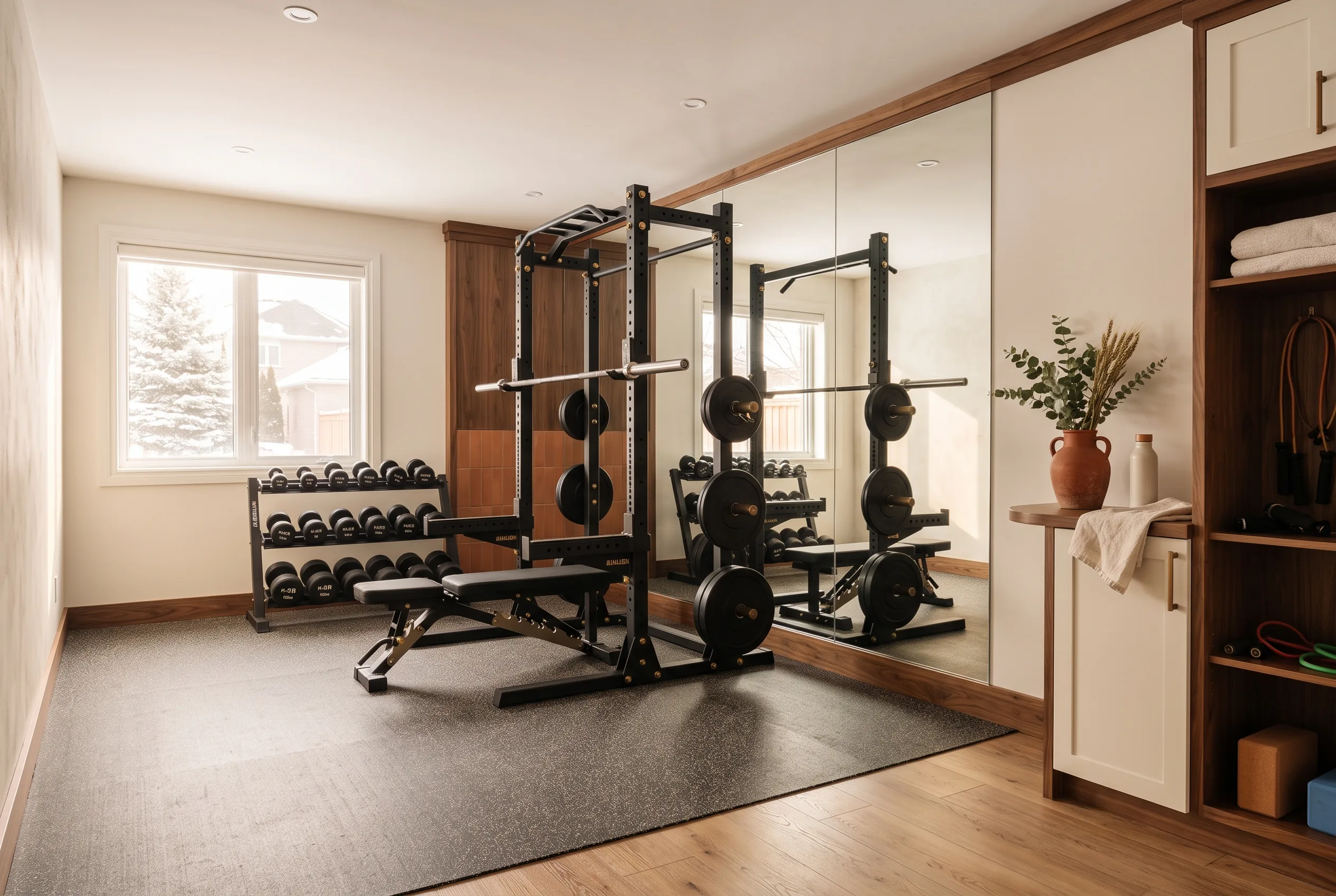 Basement home gym with a mirror wall and rubber flooring