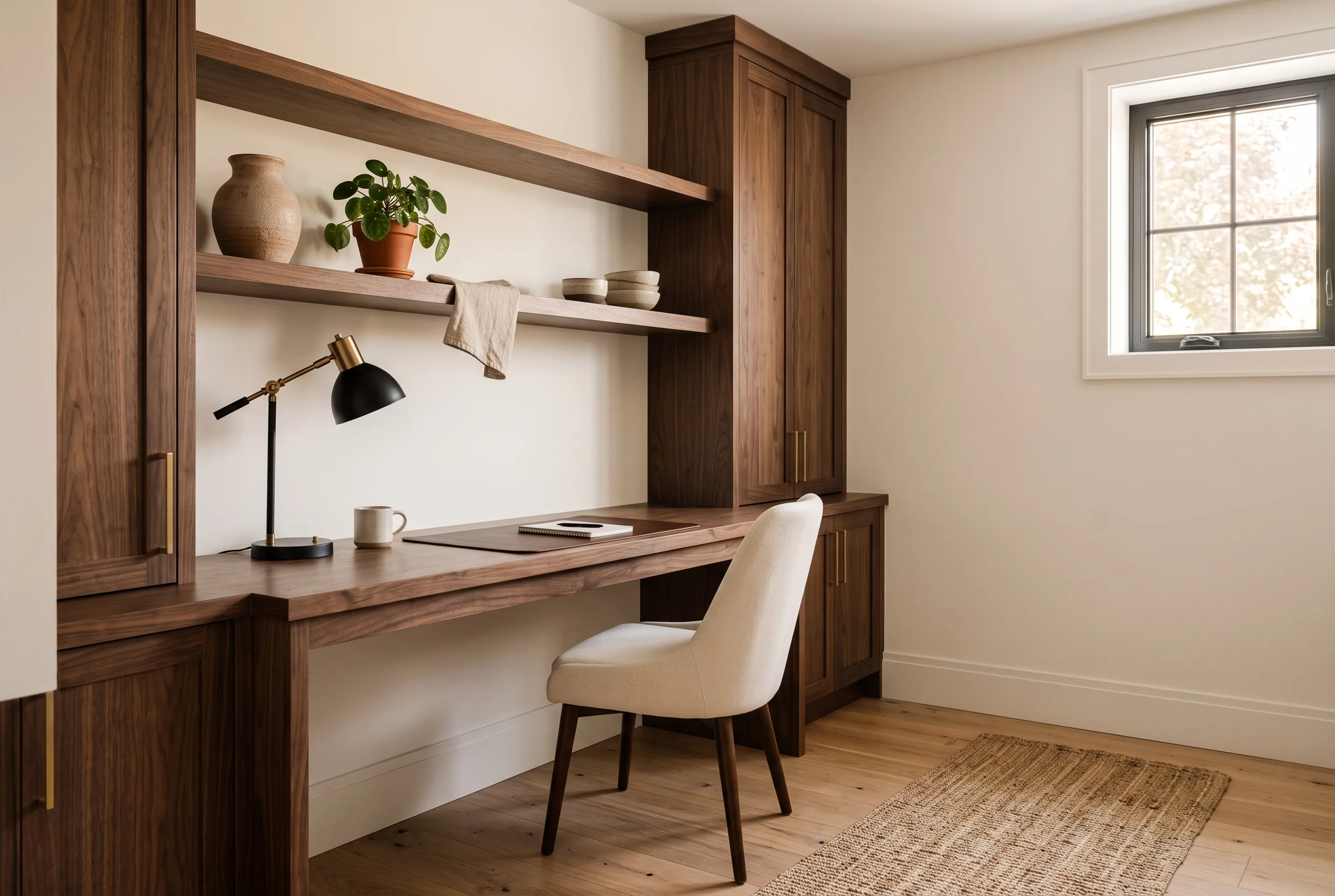 Basement home office nook with a built-in desk and shelving