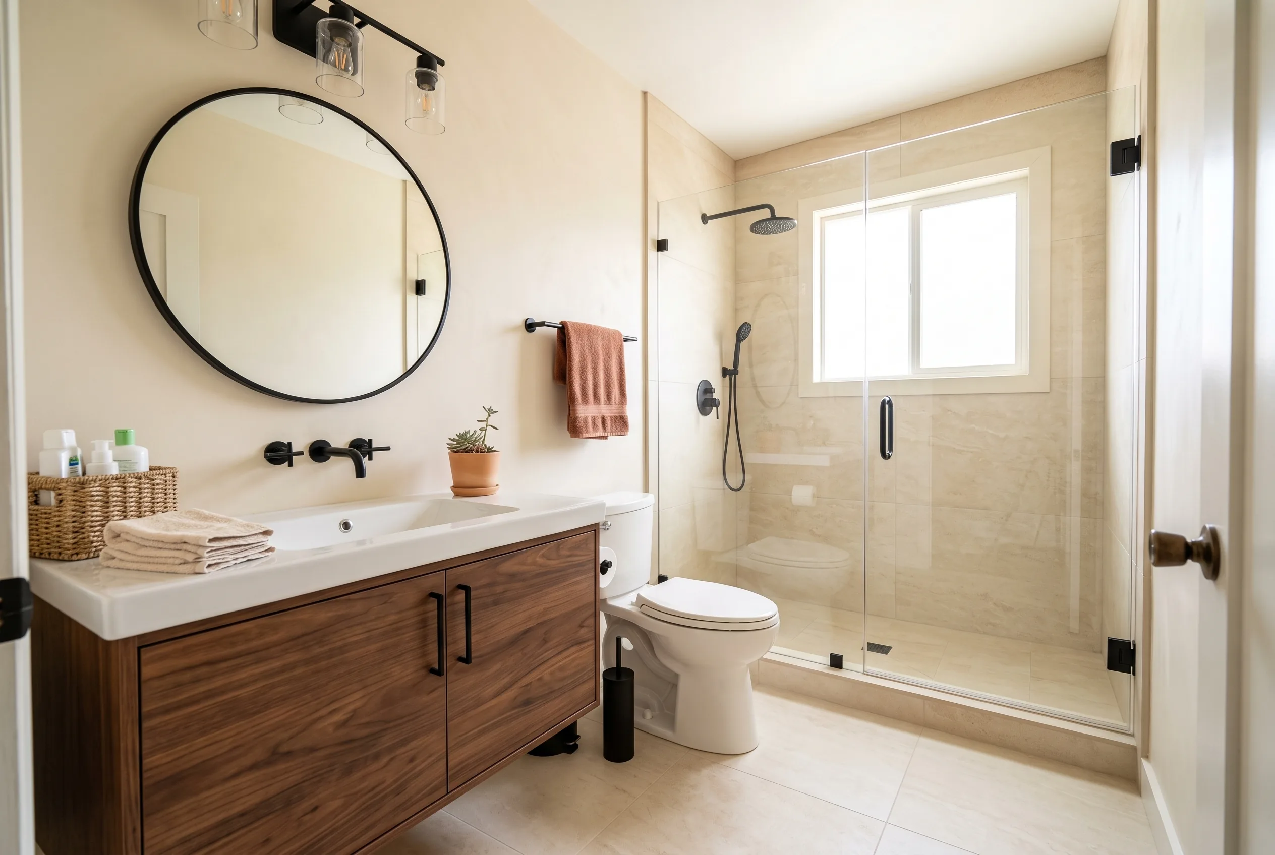 The same bathroom after — a custom-tiled walk-in shower