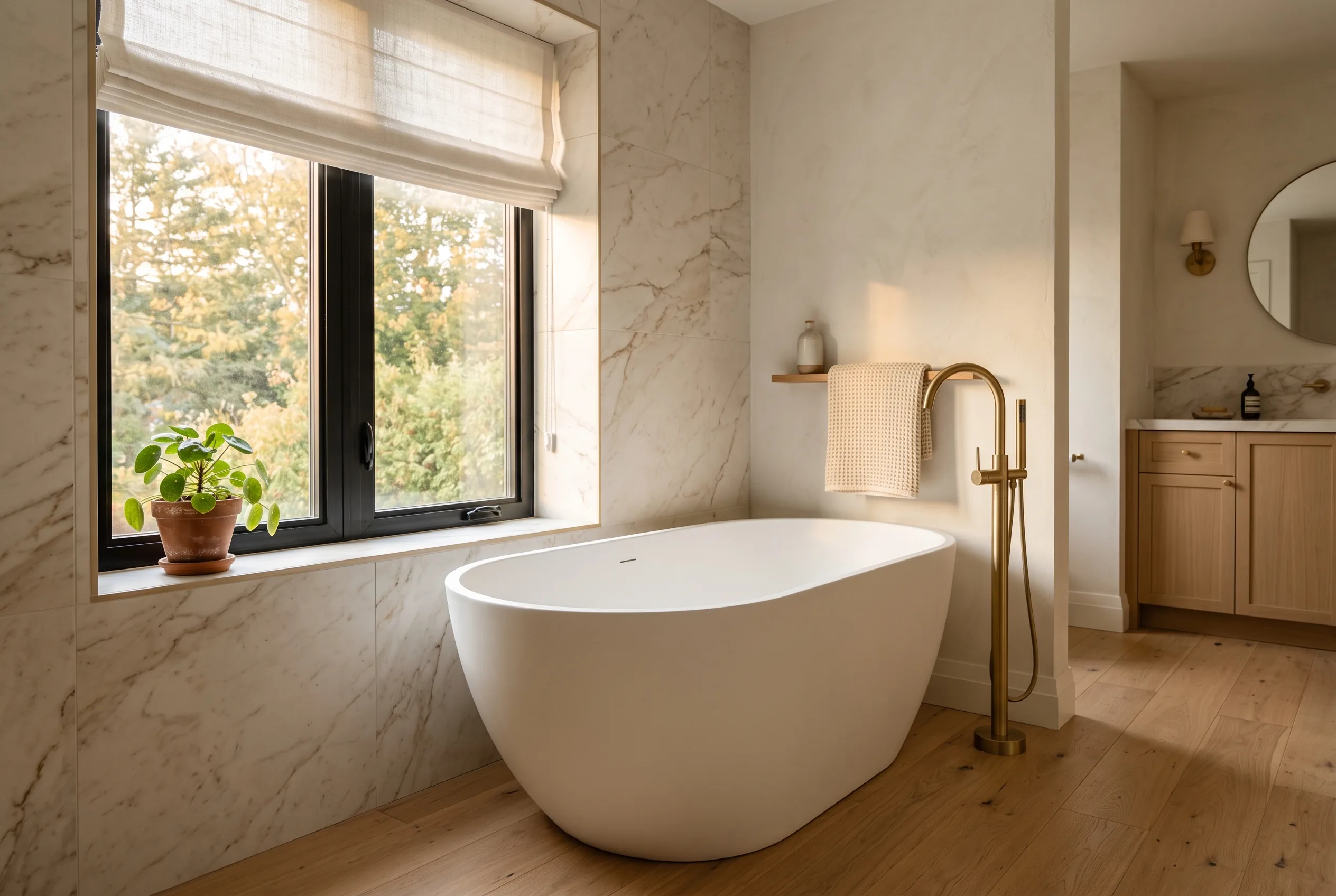 Bathroom with a freestanding soaker tub and a brass filler