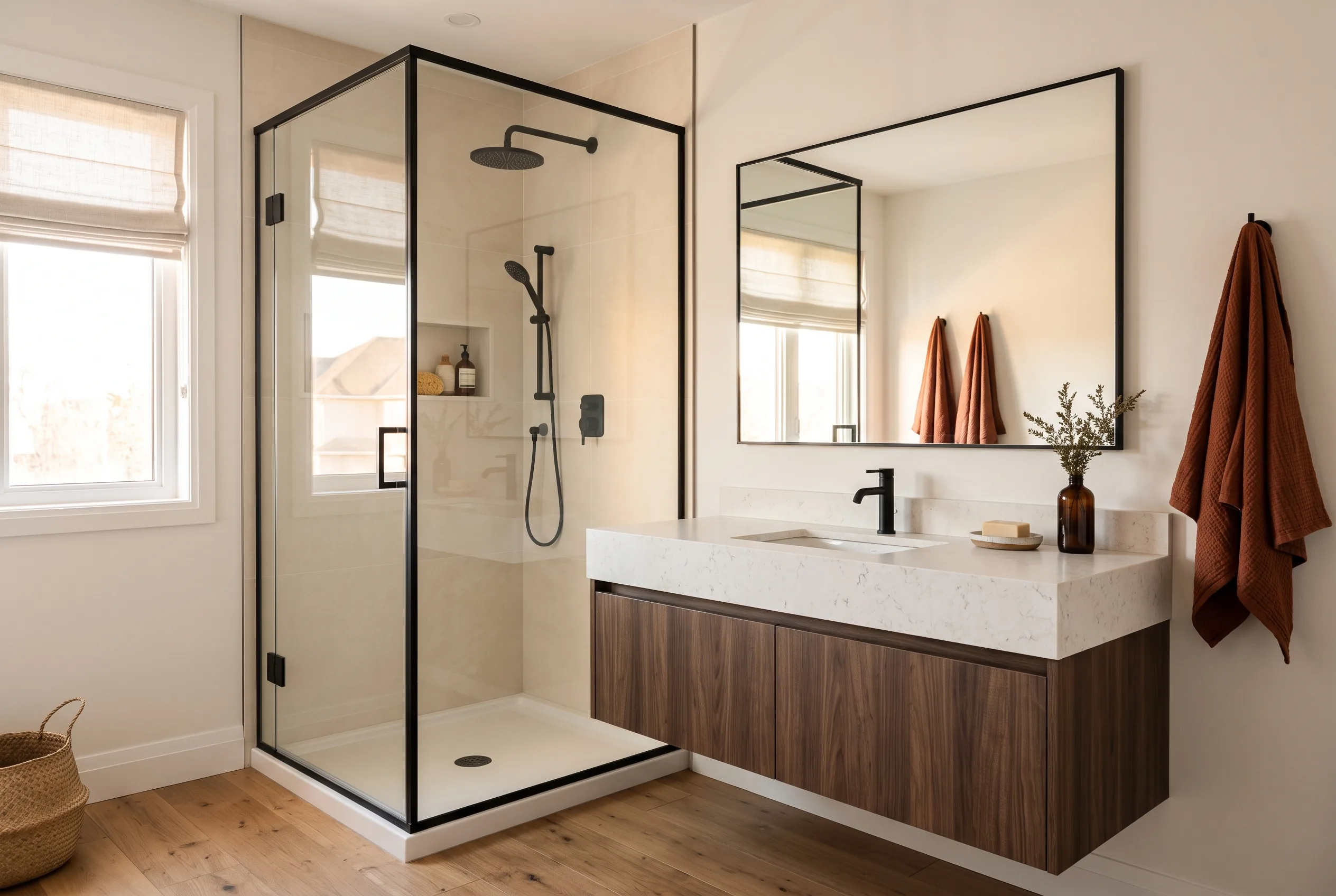Finished bathroom with a glass walk-in shower, cream tile and a floating walnut vanity