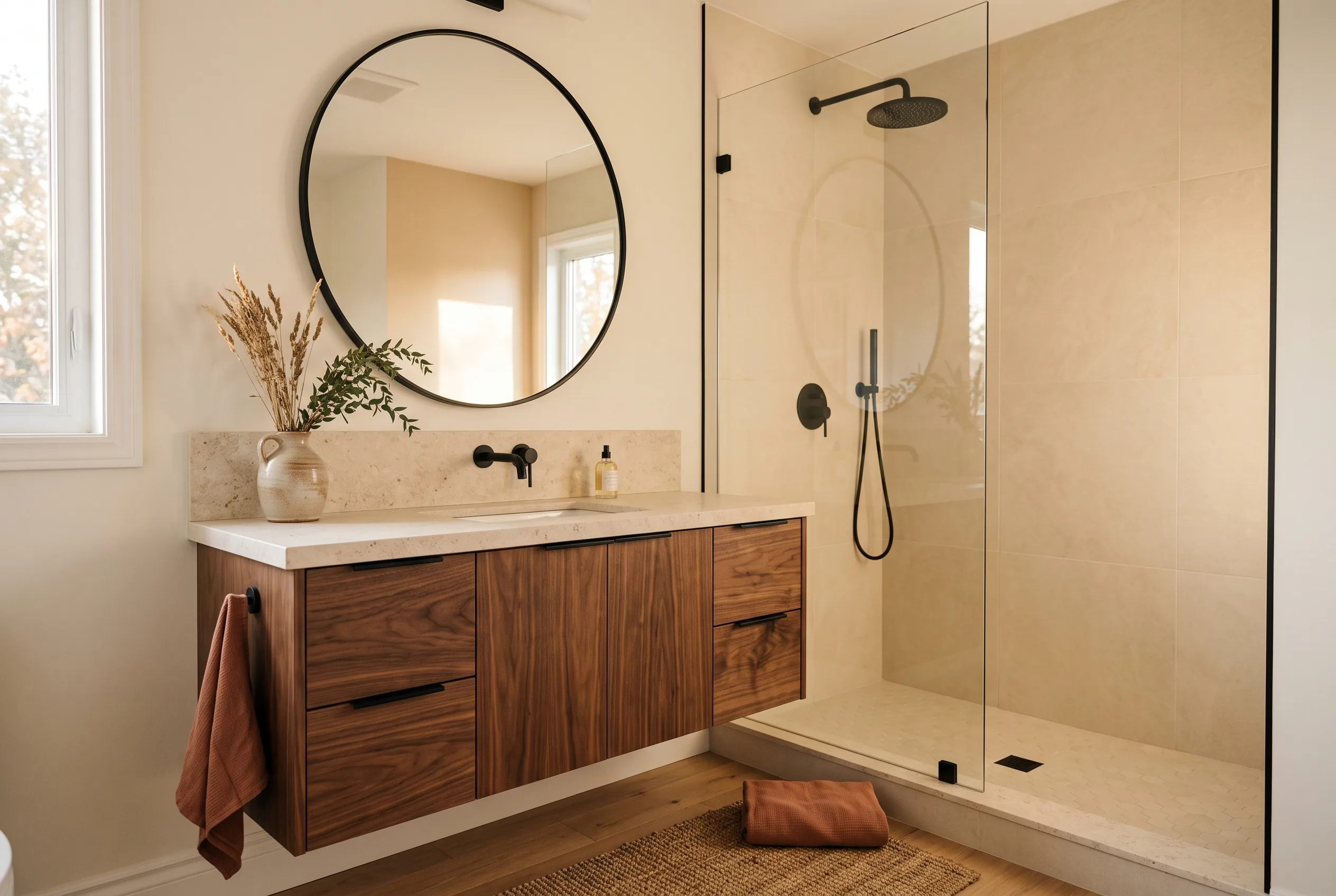 Bathroom with a glass walk-in shower and a floating walnut vanity