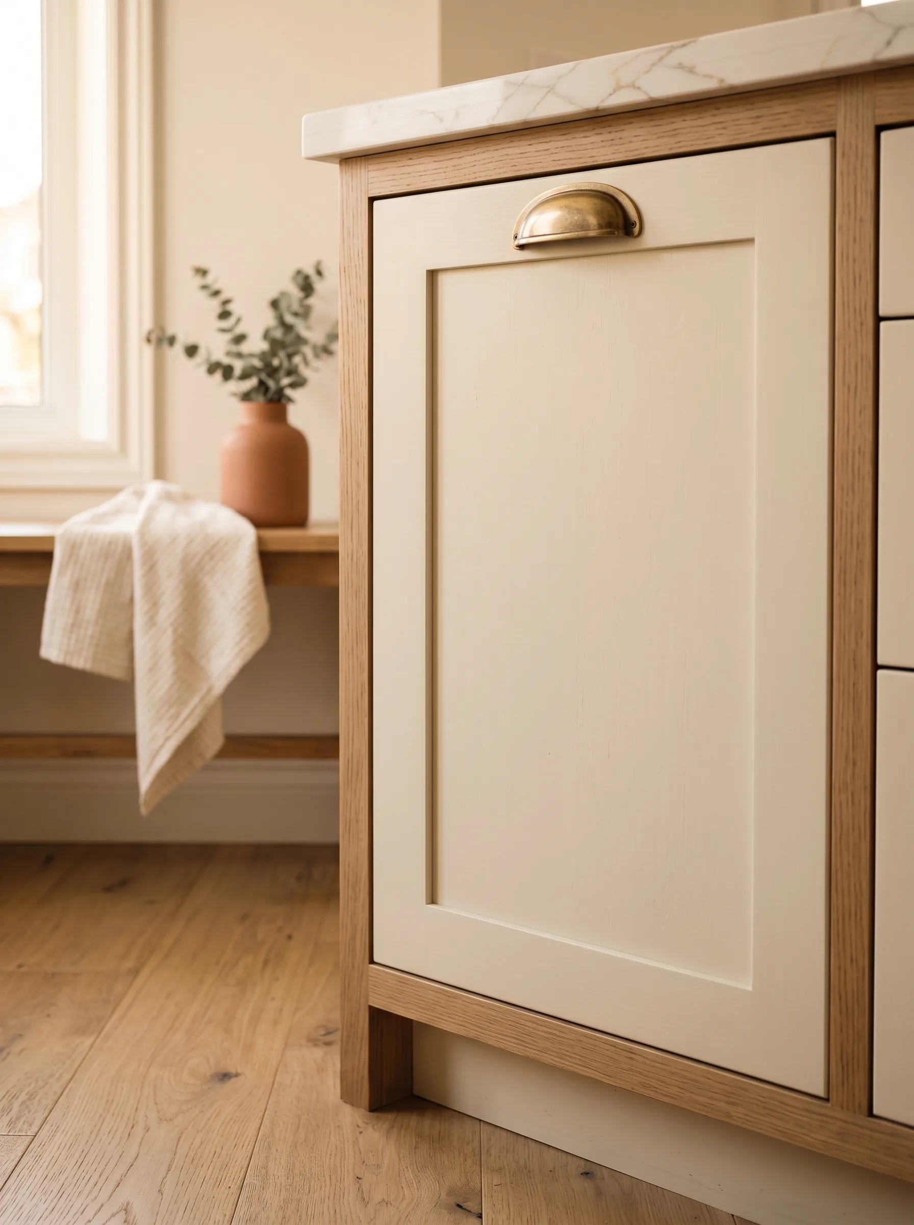 Close-up of a cream shaker cabinet door with a brushed-brass cup pull and a marble counter edge