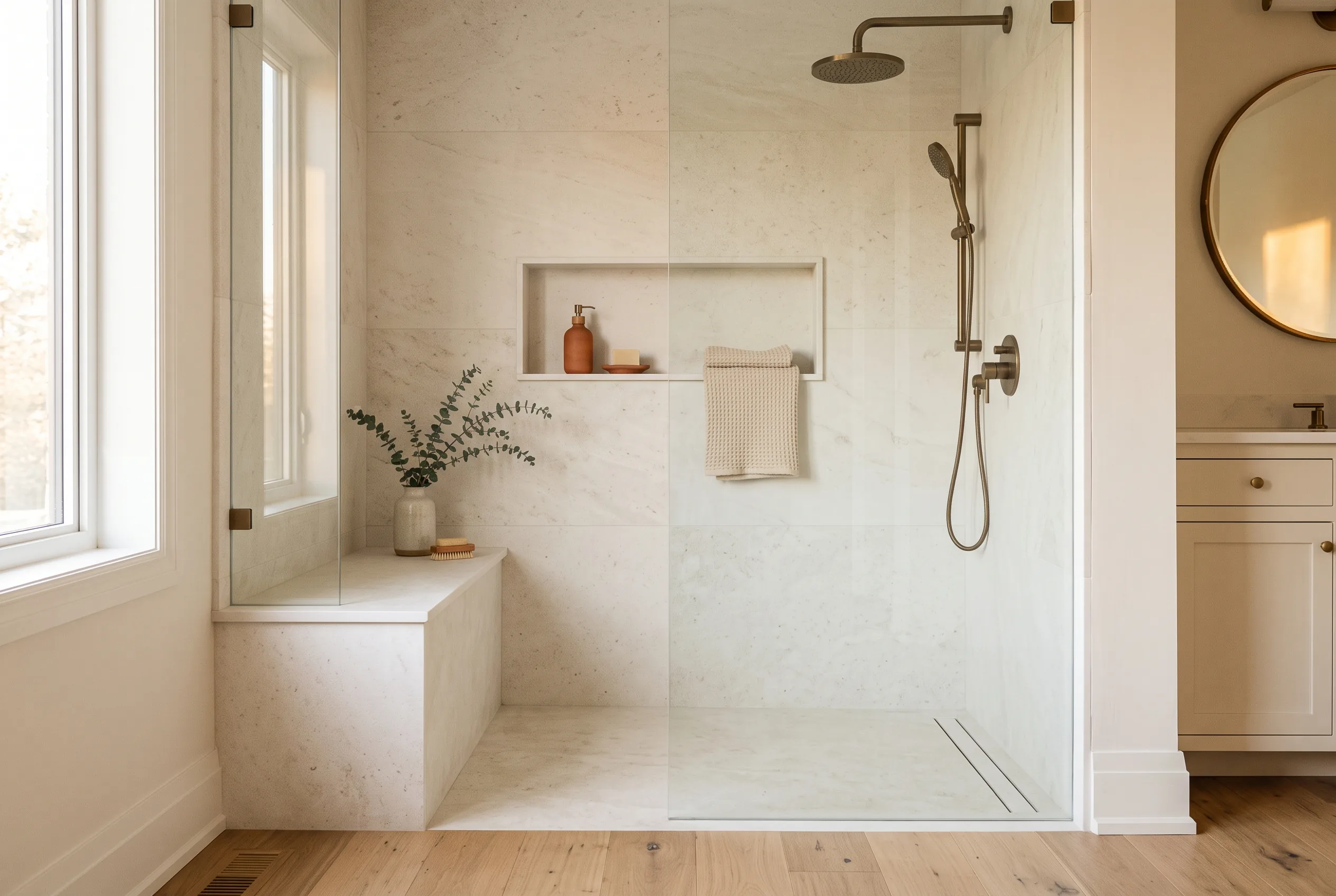 Curbless walk-in shower with a tiled bench and stone tile