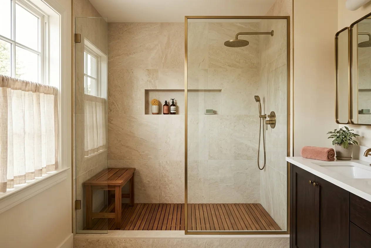 A custom-tiled walk-in shower with a built-in niche