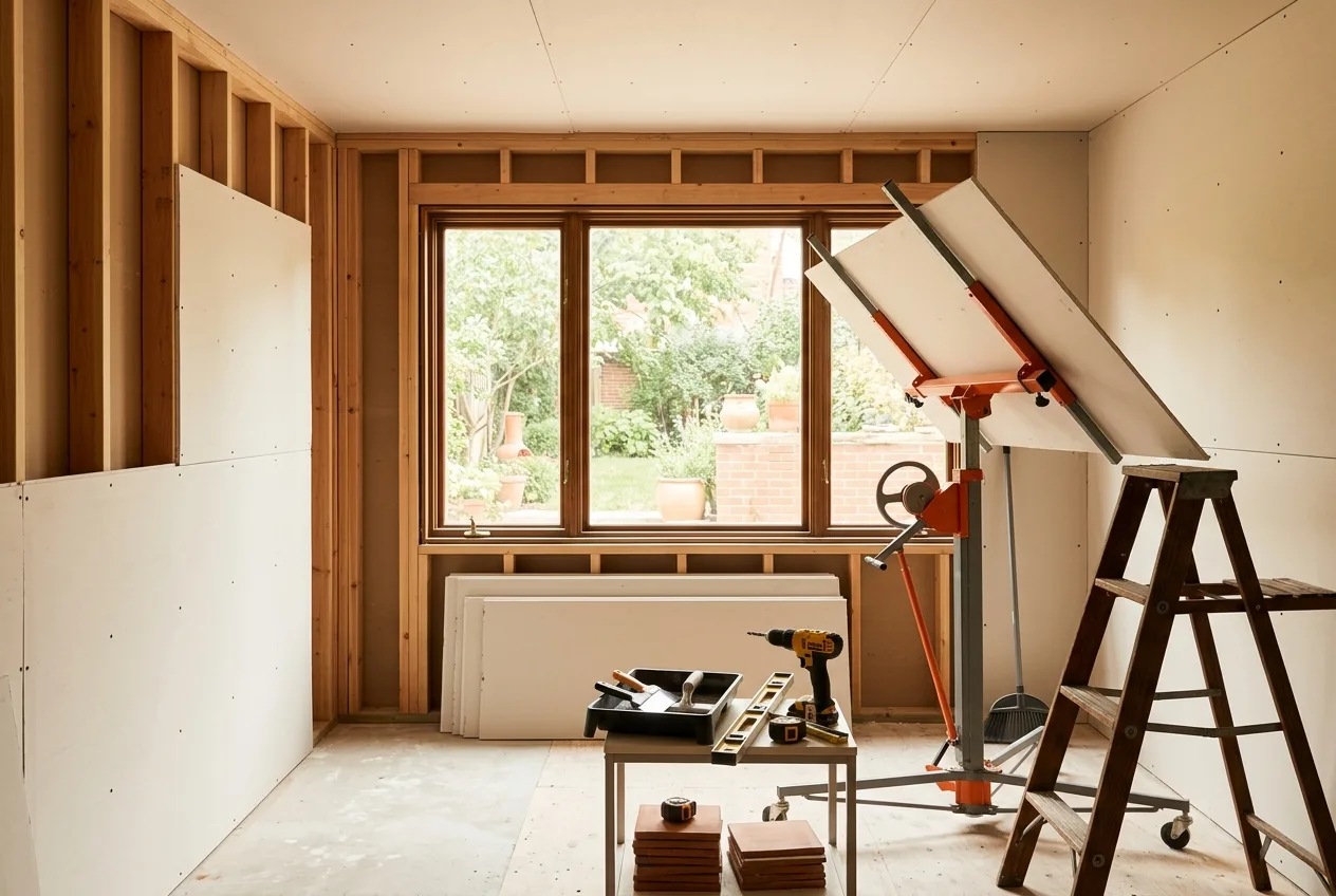 Freshly framed and drywalled room mid-renovation