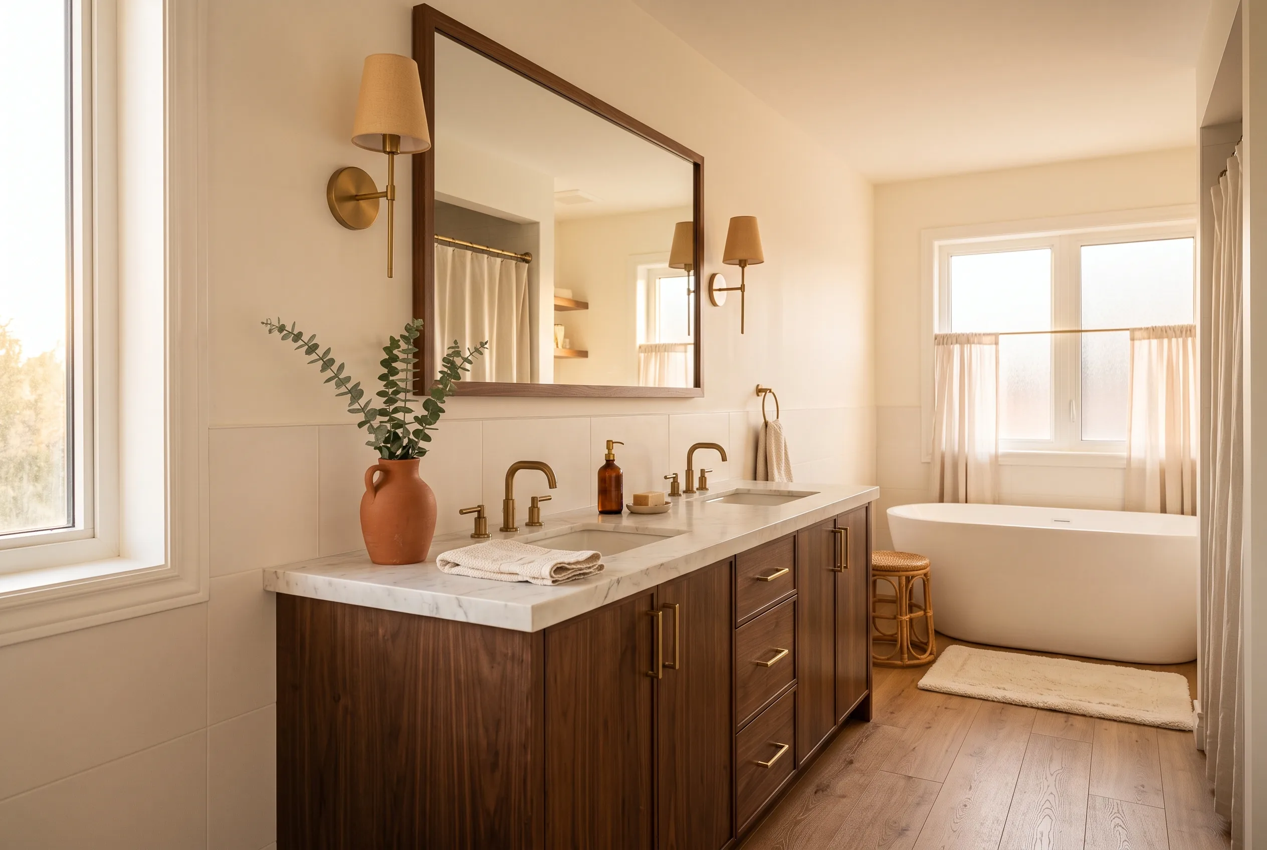 Ensuite with a walnut double vanity and brass sconces