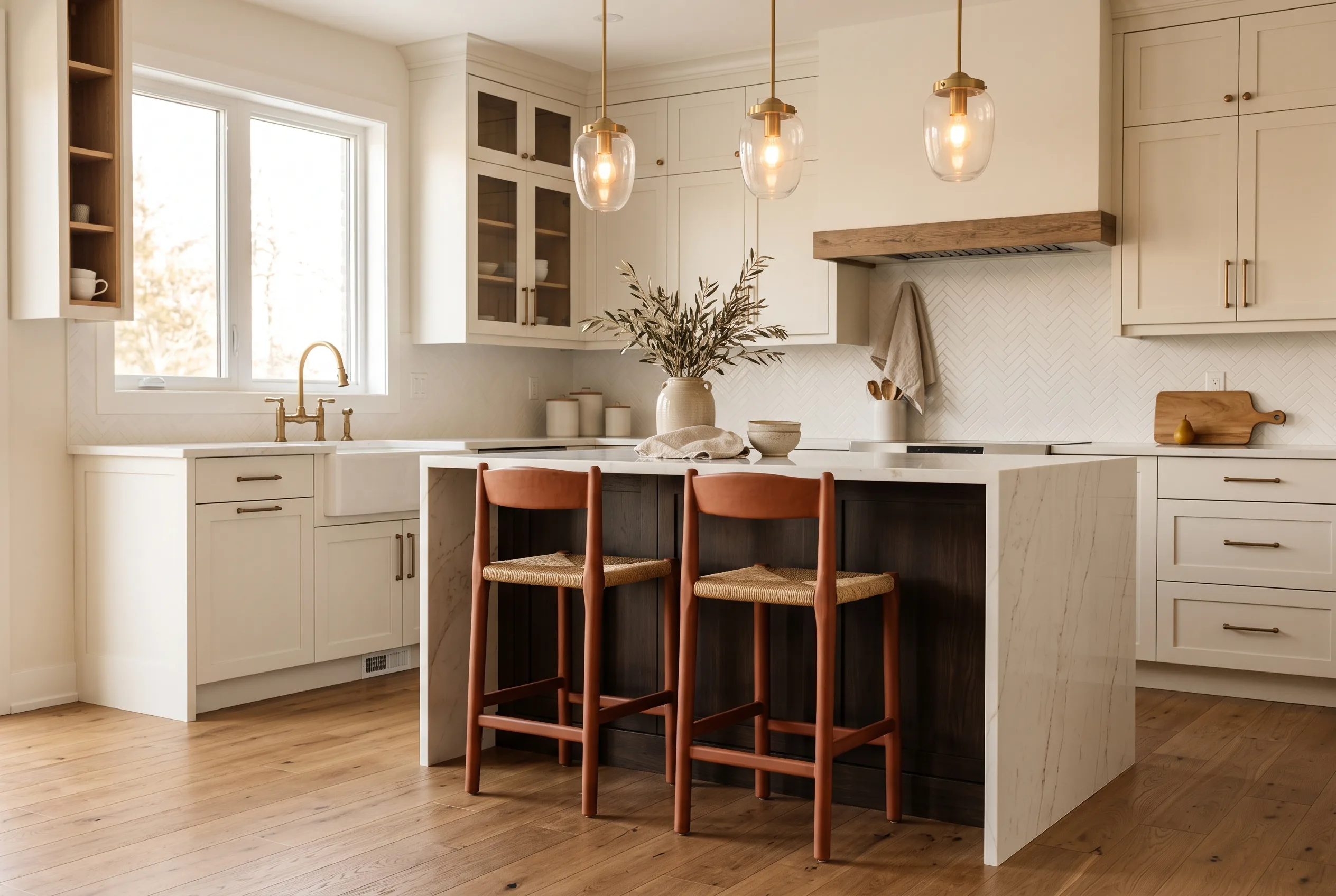 Finished farmhouse-modern kitchen with cream cabinetry, a walnut waterfall island and brass pendants