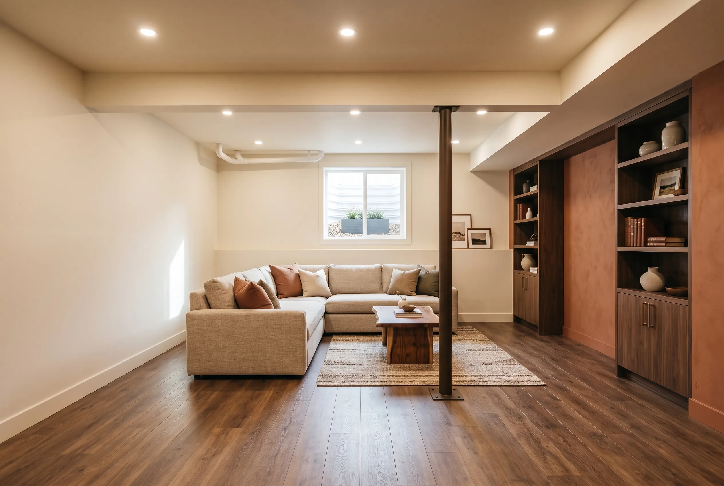 The same basement after — a finished, warm living space