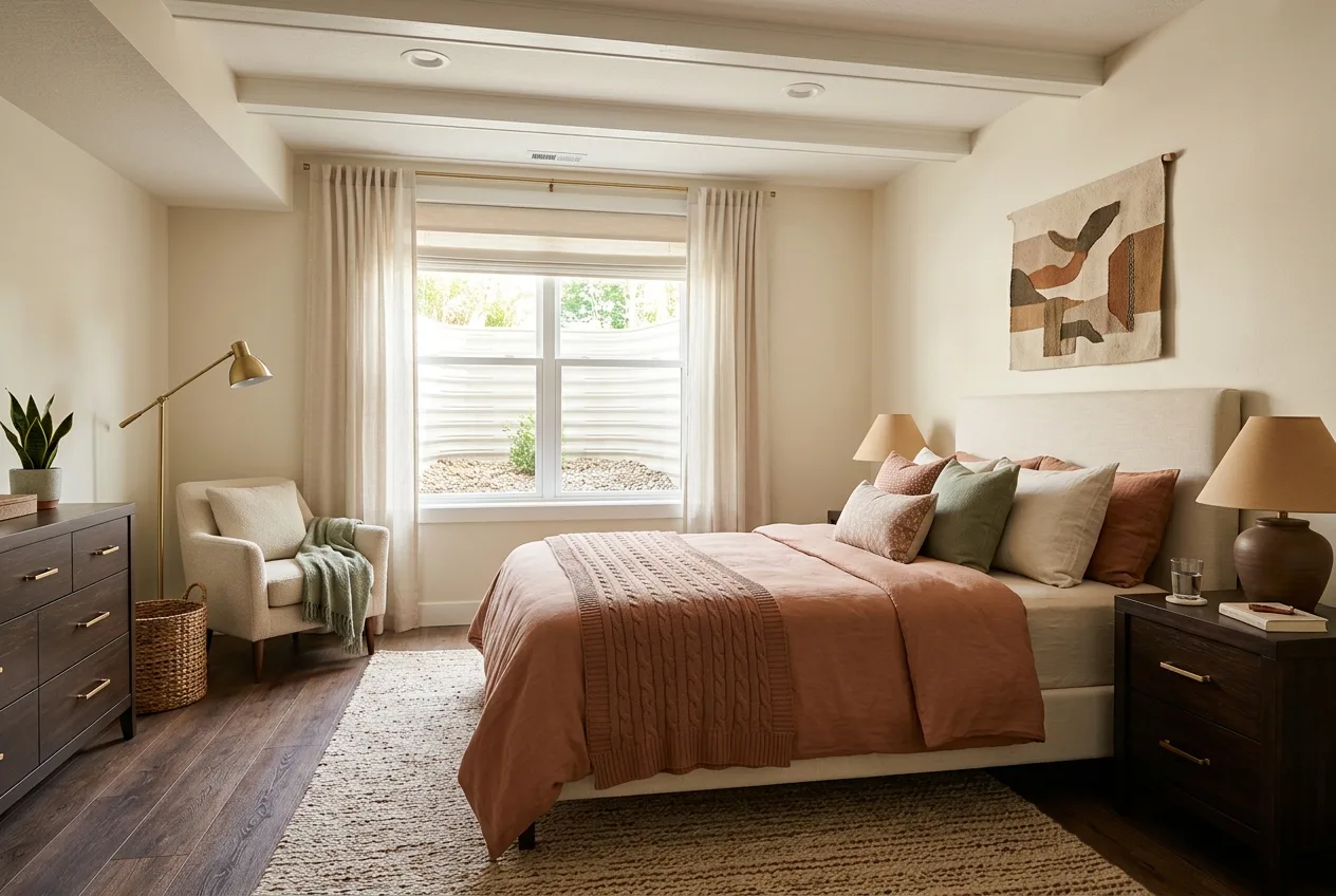 Finished basement bedroom with an egress window
