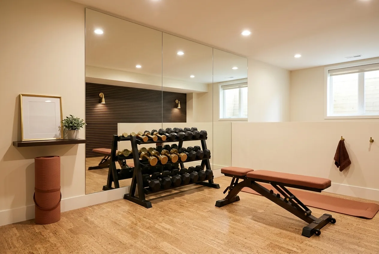 Finished basement home gym with a mirror wall