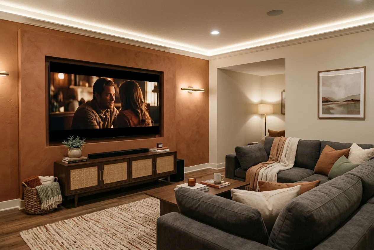 Finished basement home theatre with a large screen