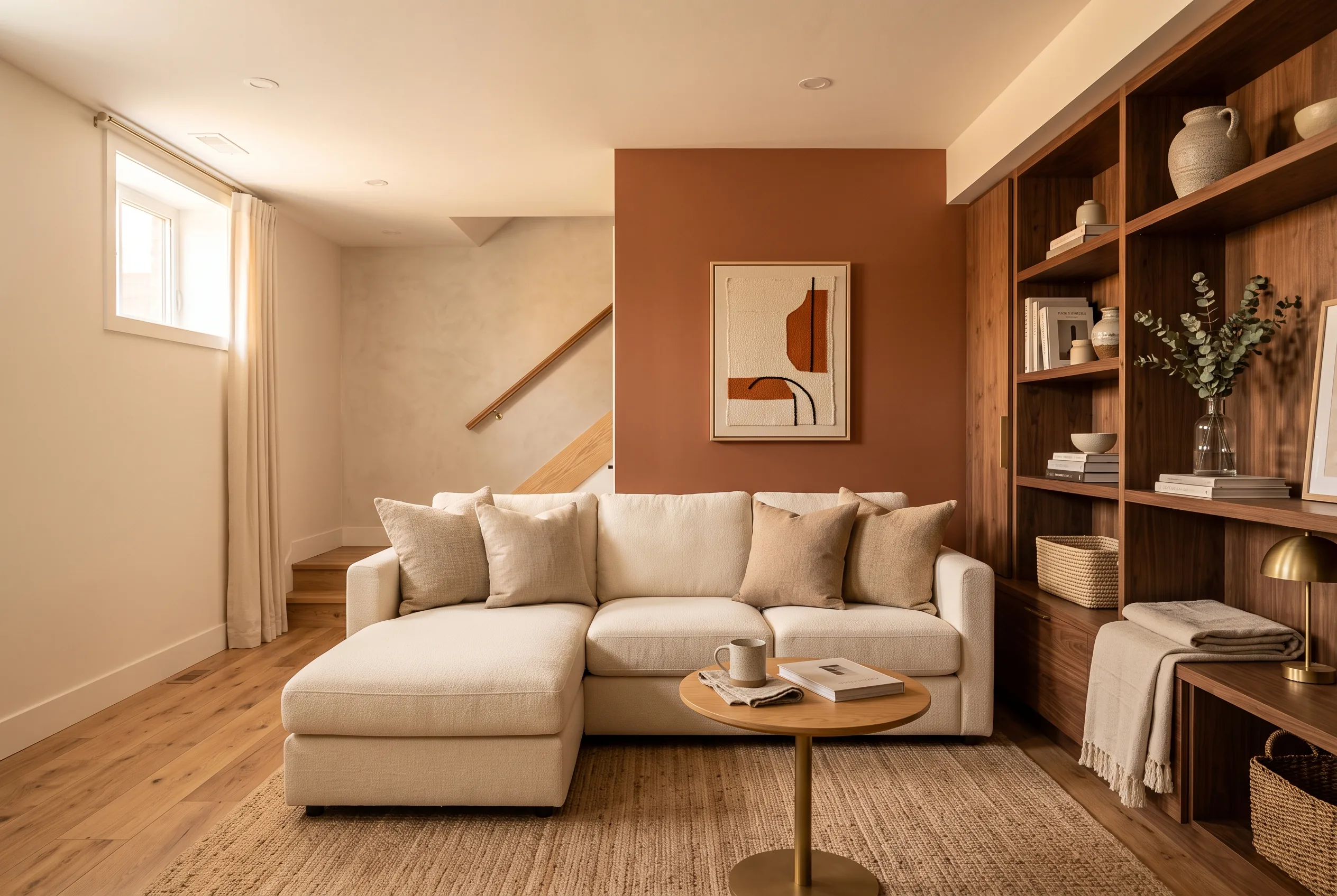 Finished basement living room with a clay accent wall and built-in walnut shelving