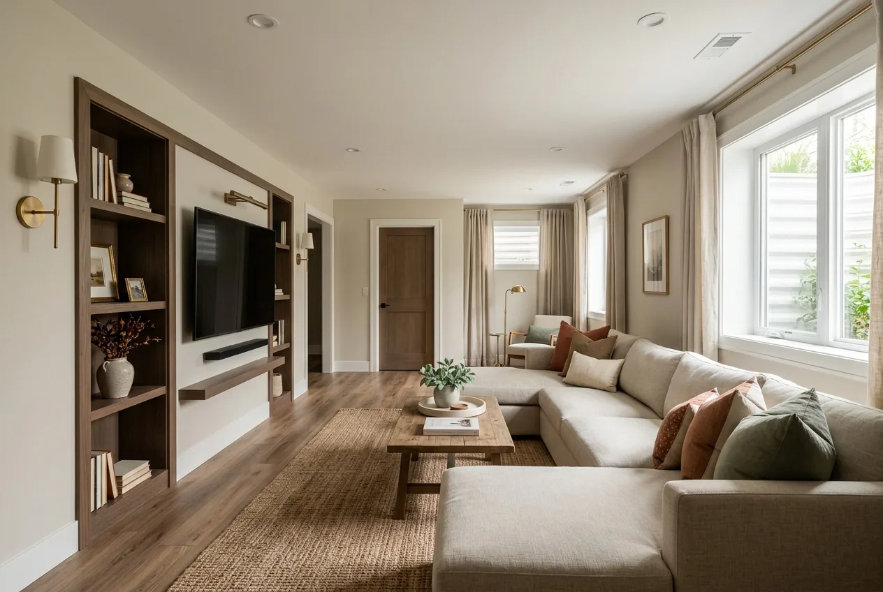 Finished basement living space with warm plank flooring