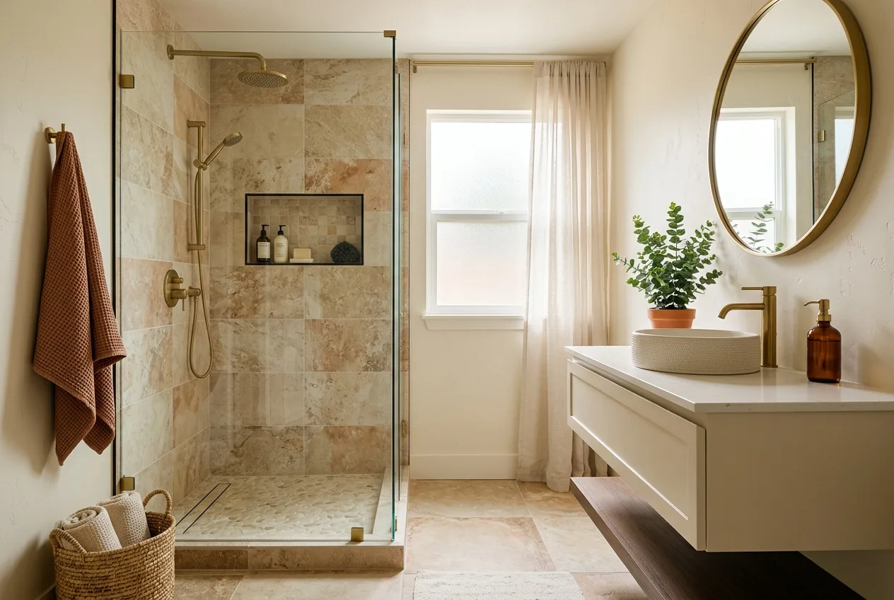 Finished bathroom renovation with a custom tiled walk-in shower