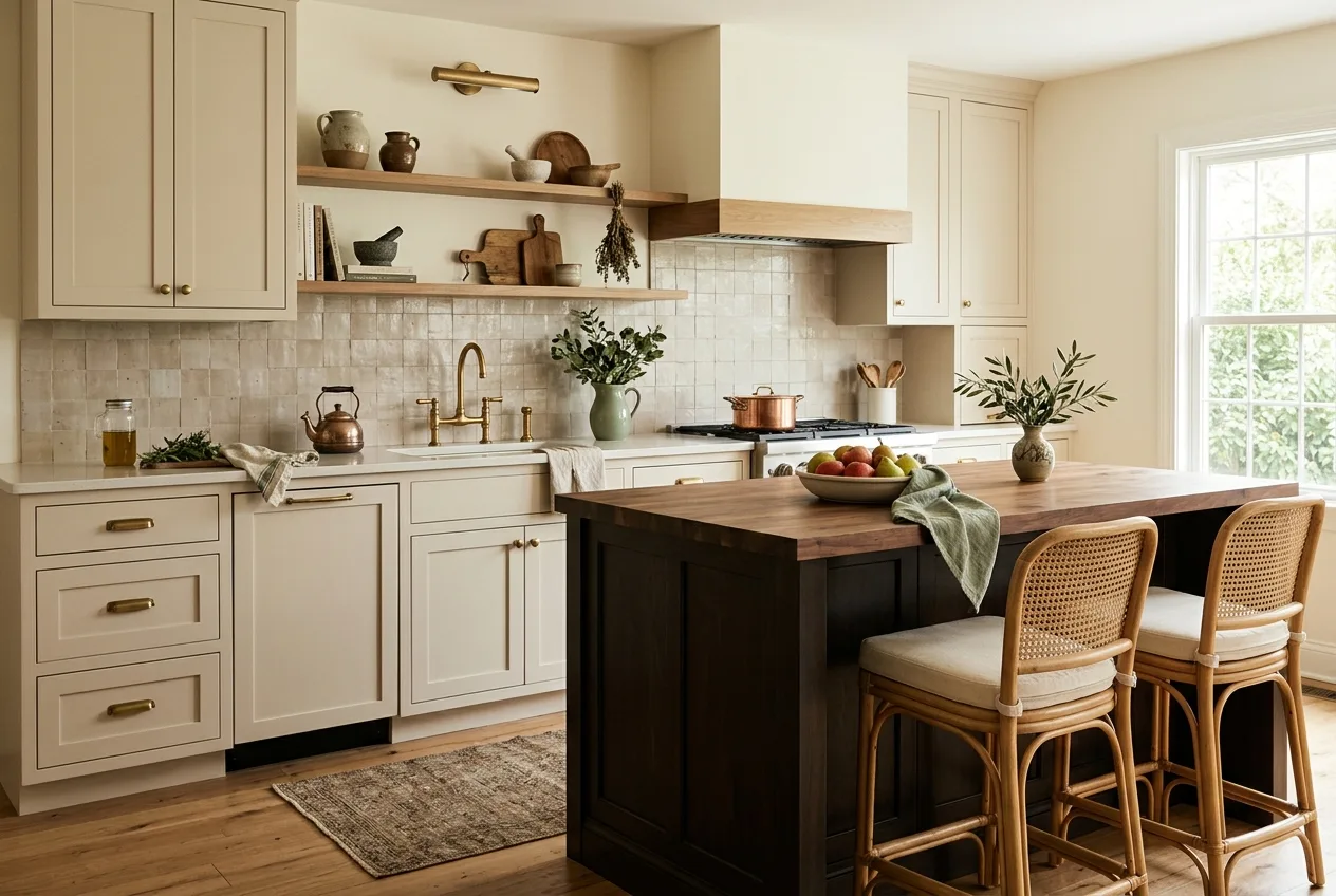 Finished kitchen renovation with bone cabinetry and an espresso island