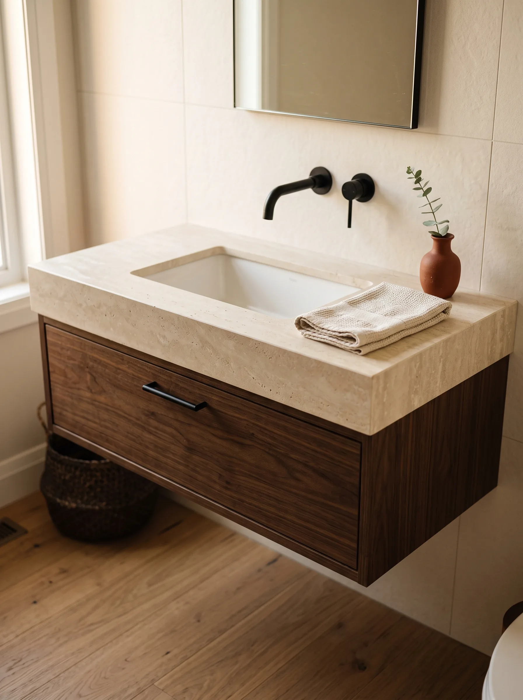 Close-up of a floating walnut vanity with a stone top and a matte-black wall faucet