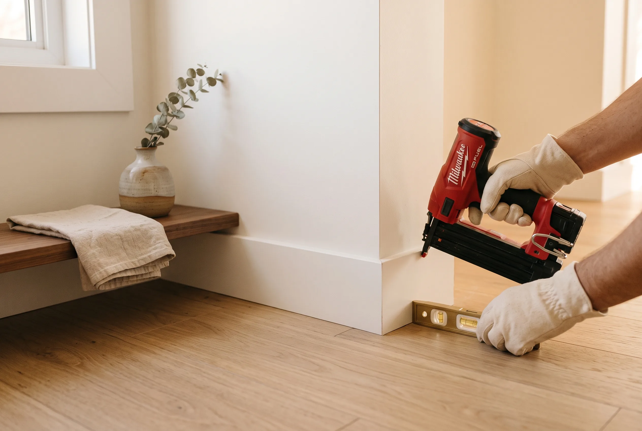 Installing baseboard trim with a level for a clean, tight finish