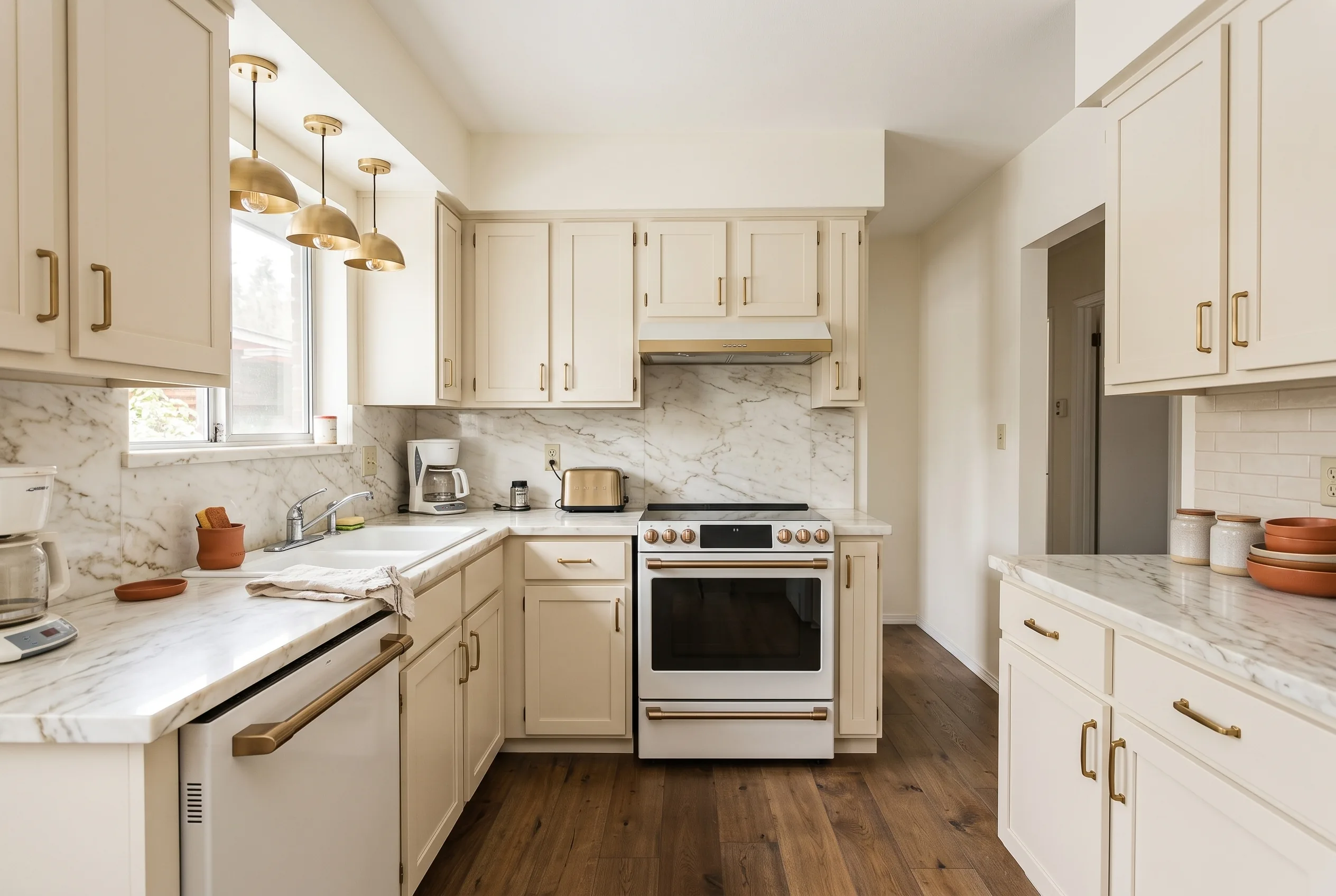 The same kitchen after — new cabinets and a custom island