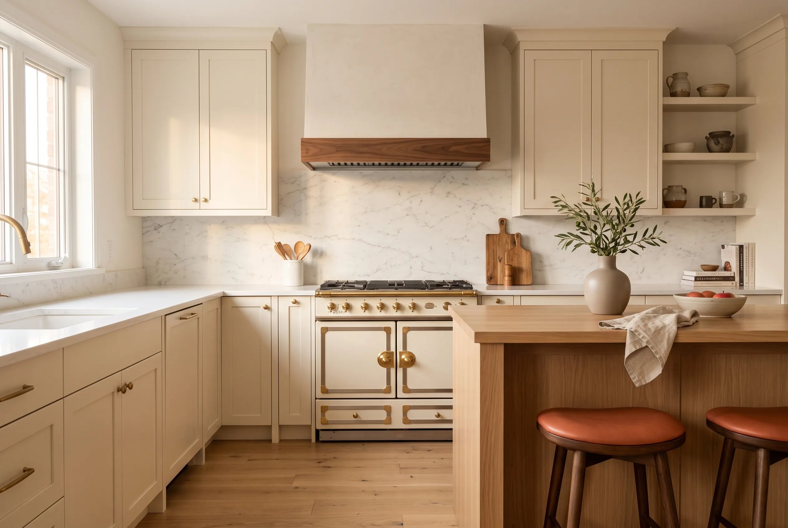 Kitchen with a statement range, a plaster vent hood and a peninsula with counter stools