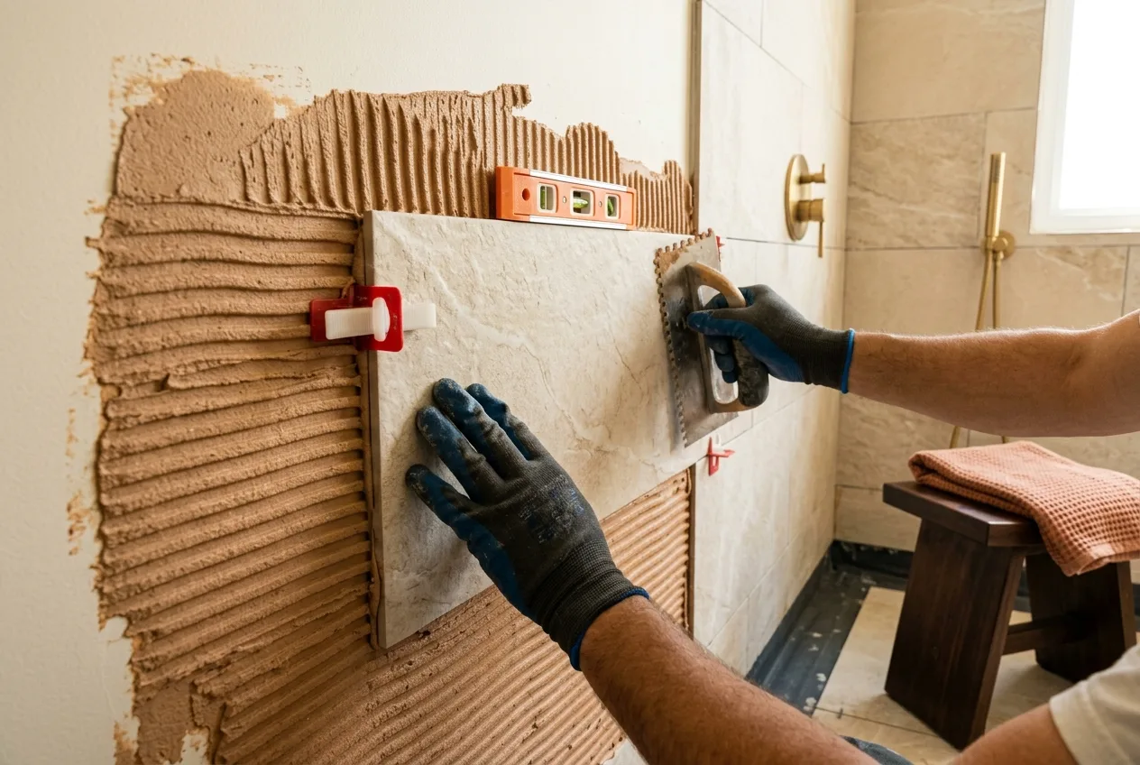 Large-format tile being set on a shower wall