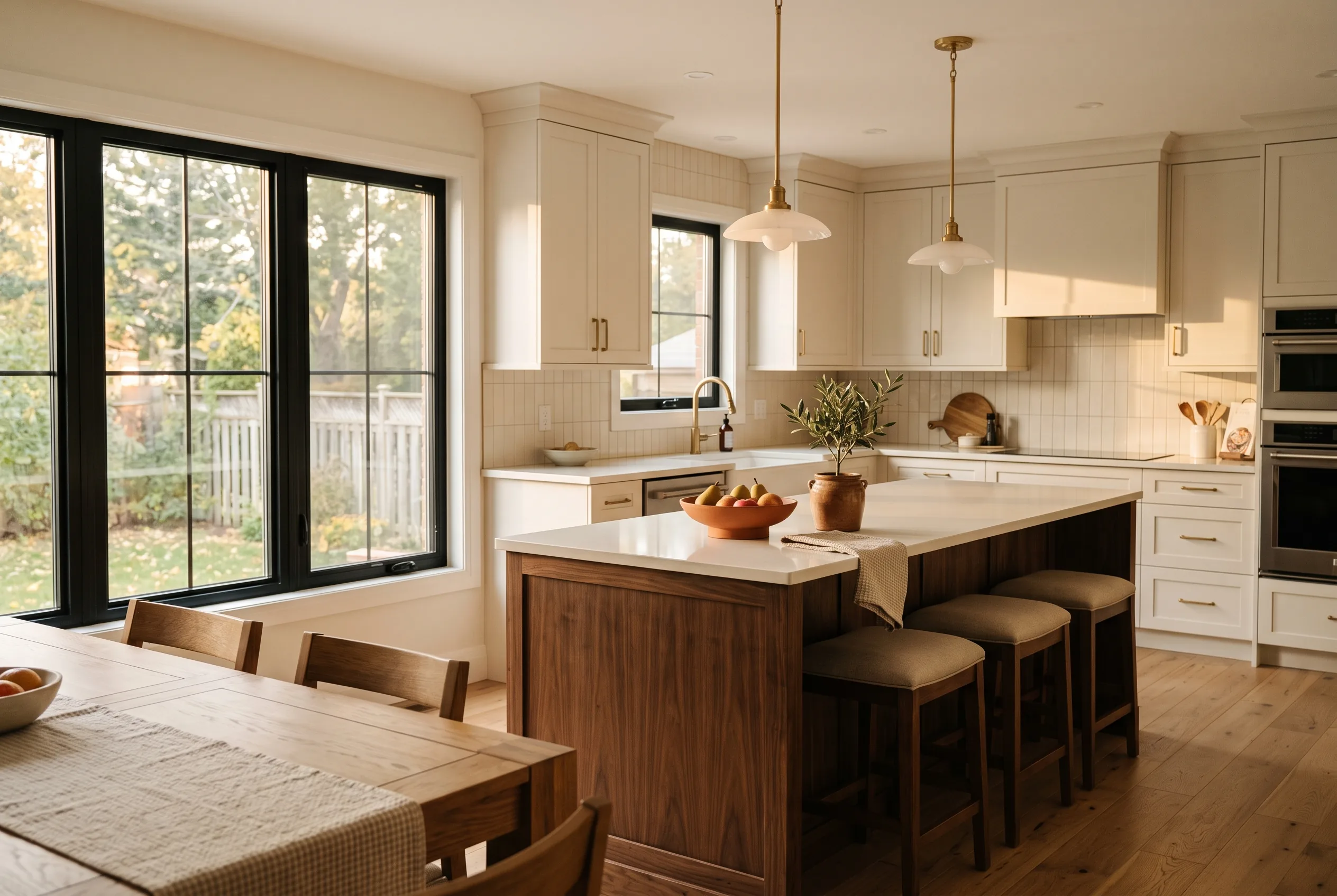 Open-concept kitchen with a long island and warm afternoon light