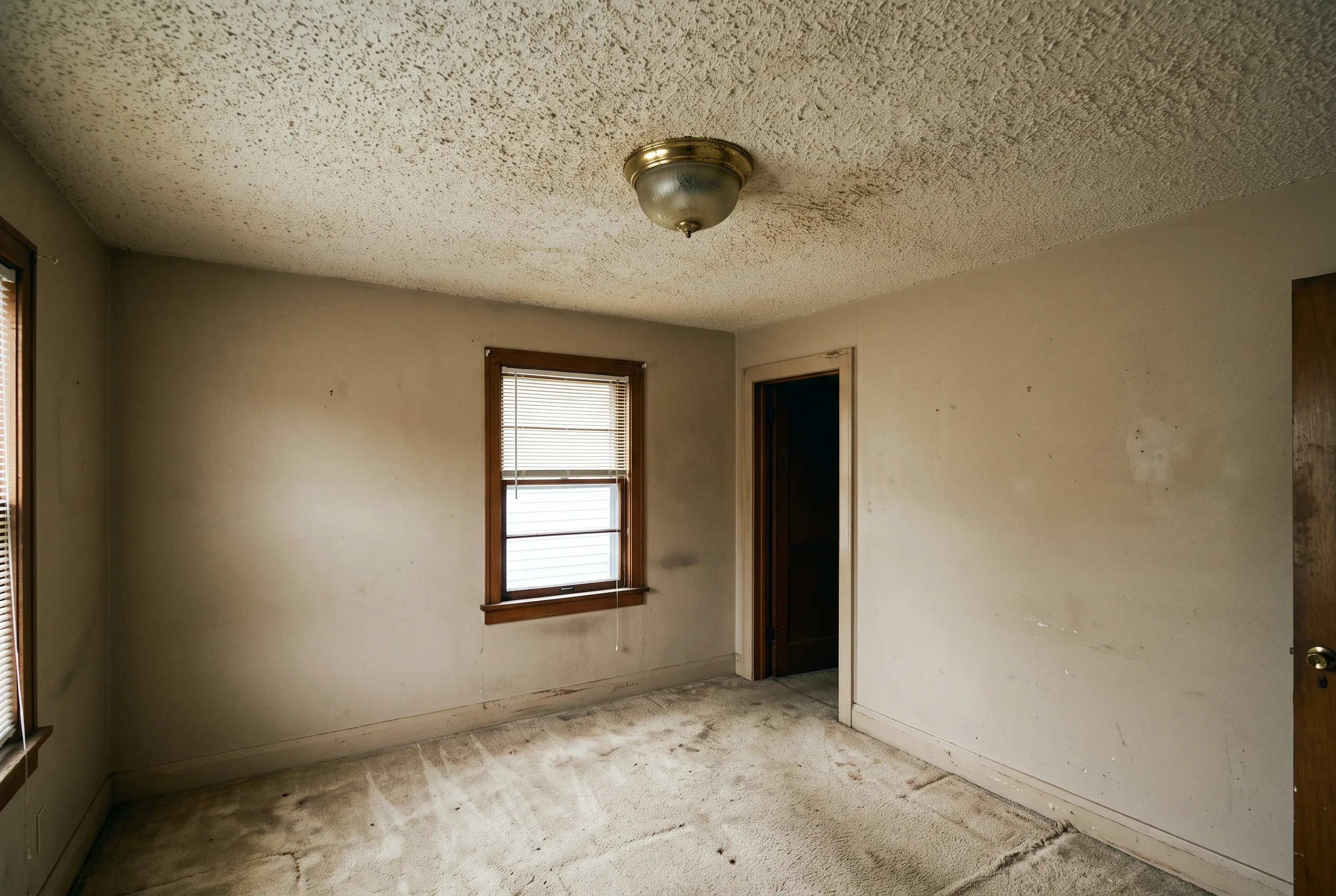 A dated popcorn-ceiling room before renovation