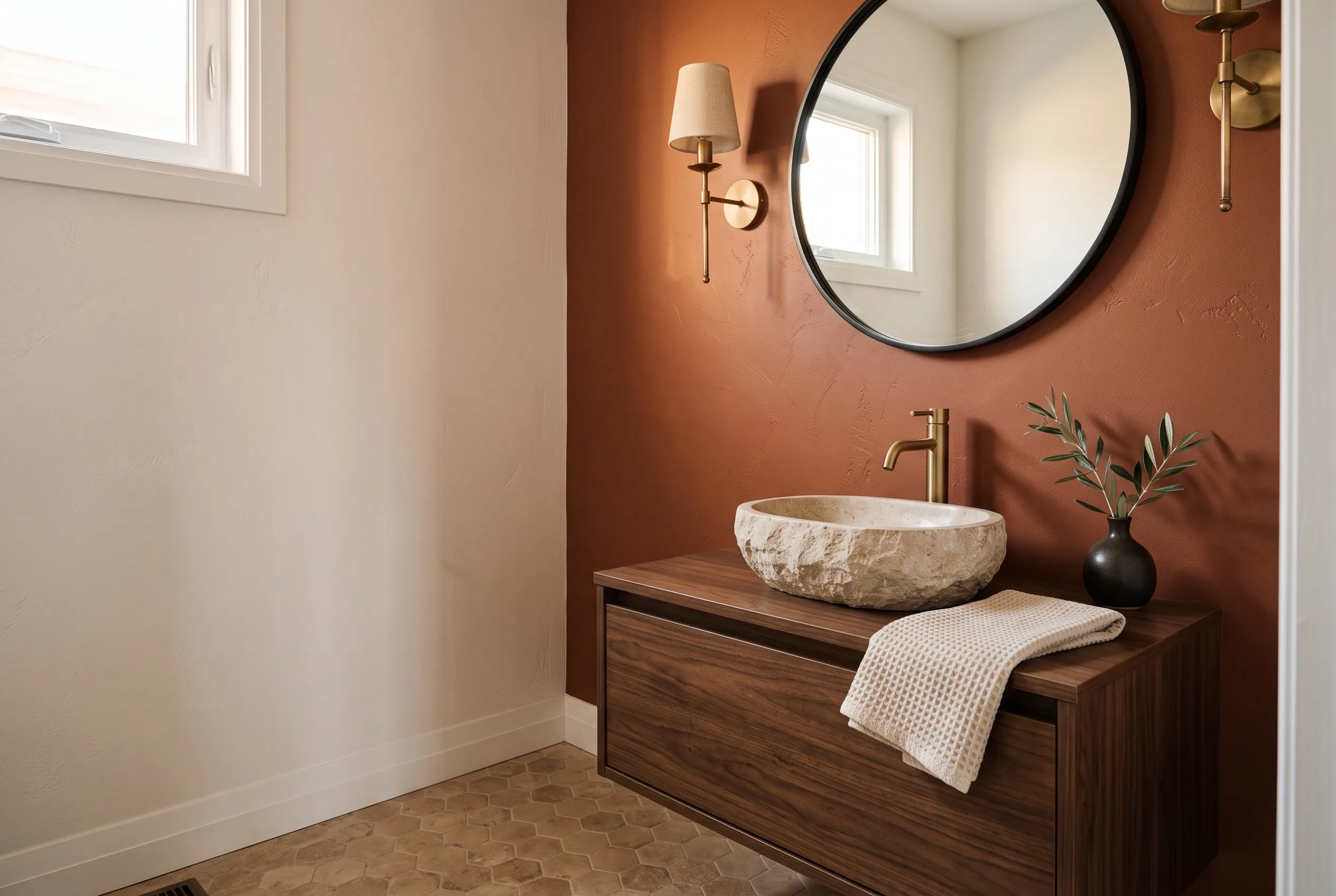Powder room with a clay accent wall and a stone vessel basin
