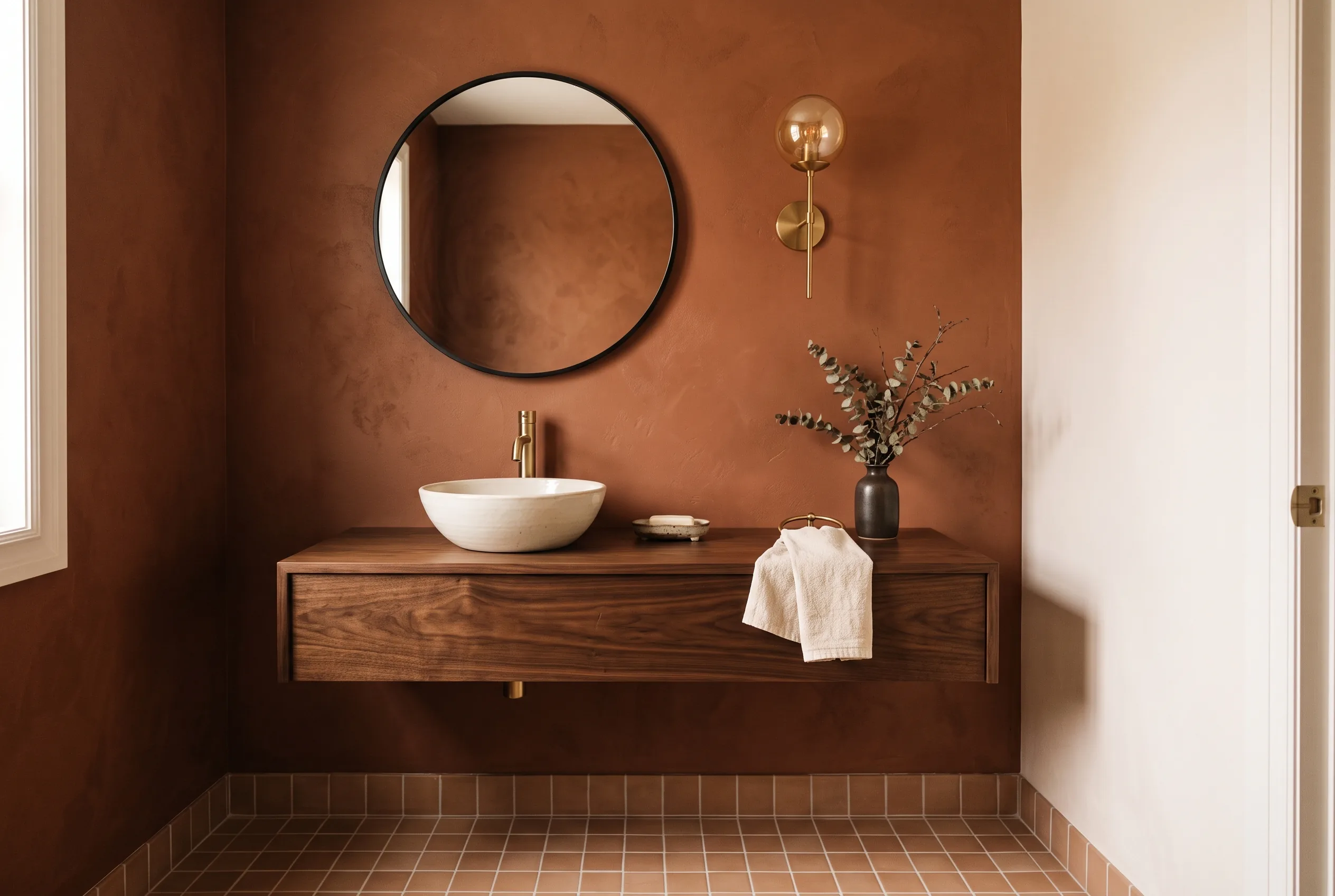 Characterful powder room with a clay accent wall and a floating wood vanity