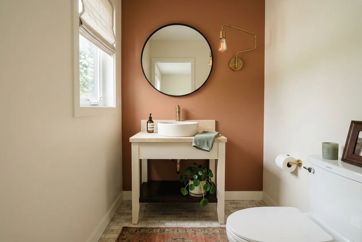 Finished powder room with a compact vanity and clay feature wall