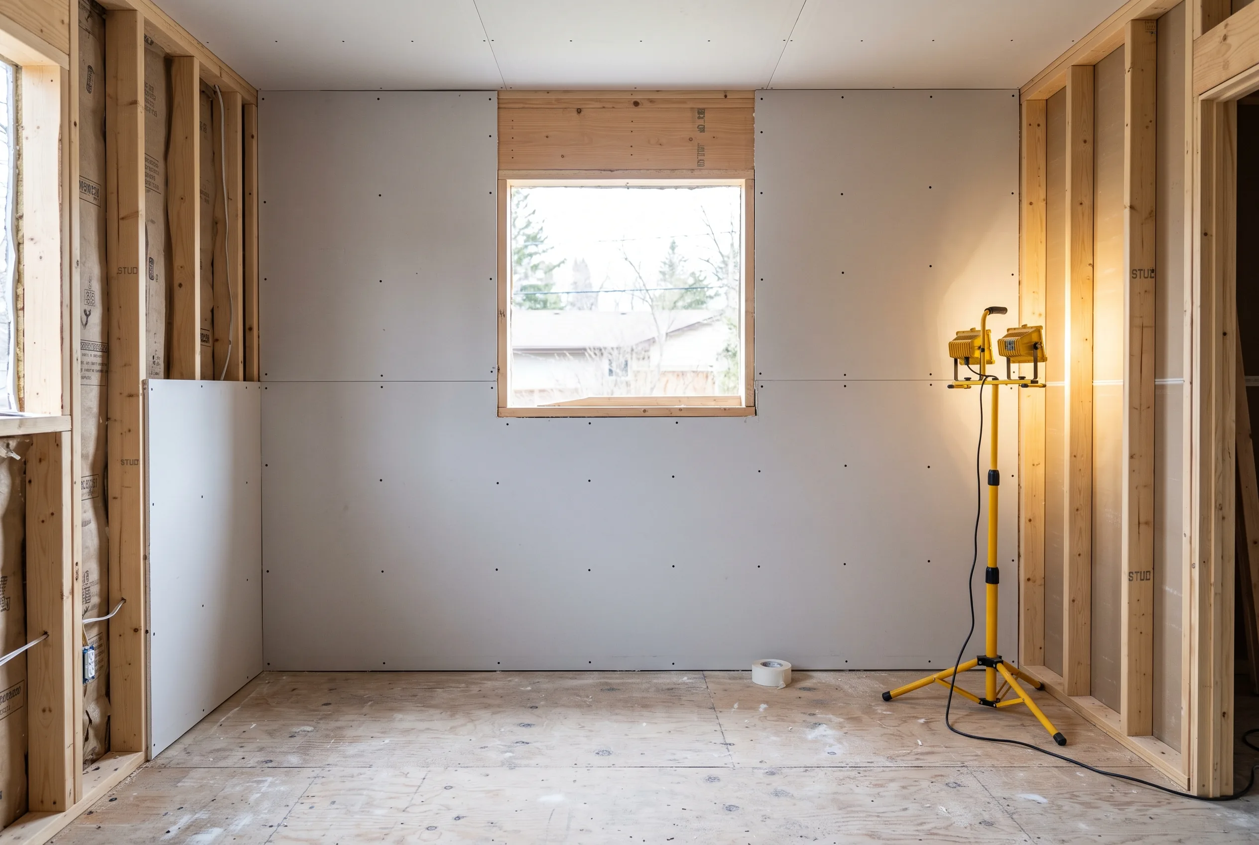 A room freshly framed and drywalled mid-renovation
