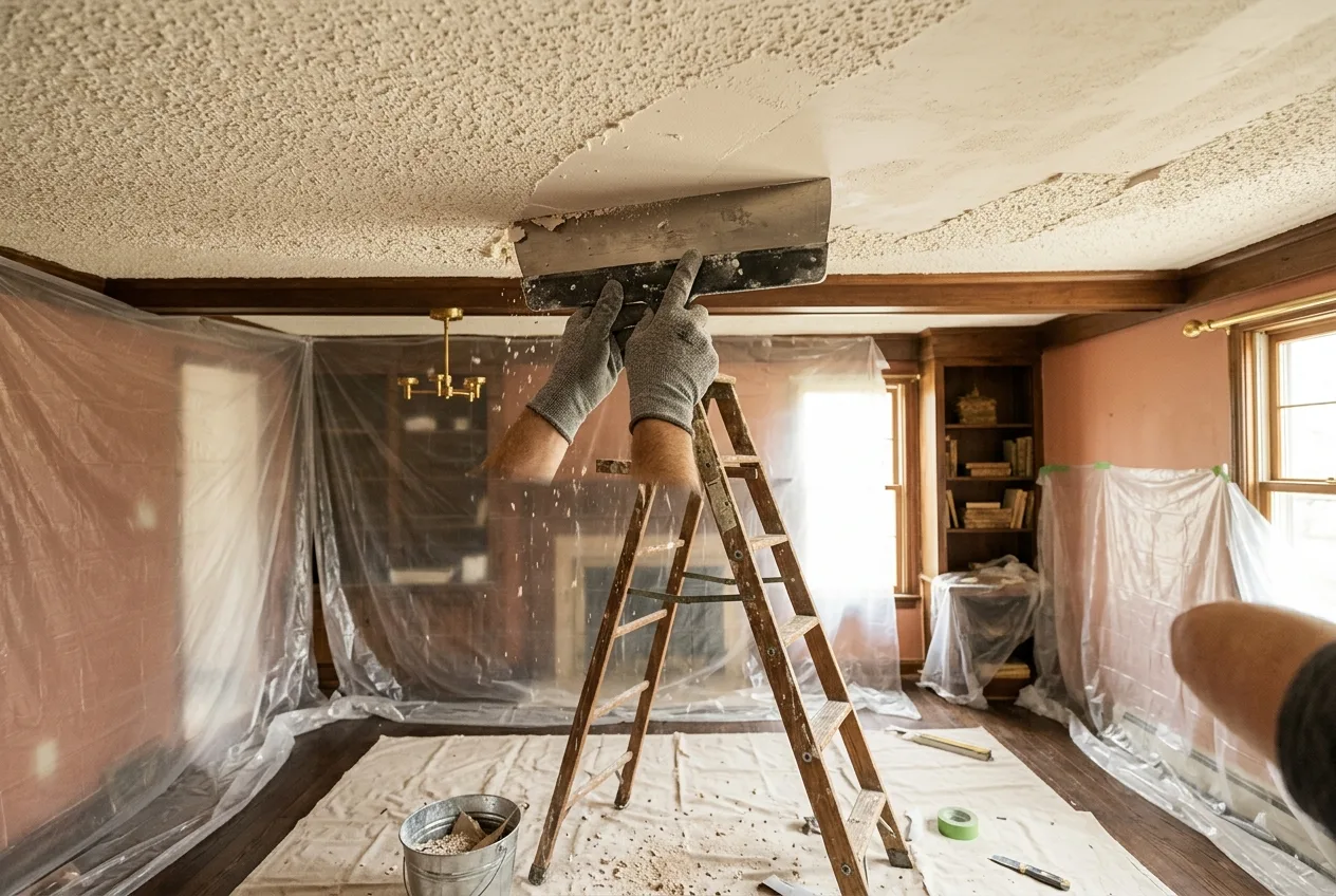 Scraping a popcorn ceiling for a smooth finish in Barrie
