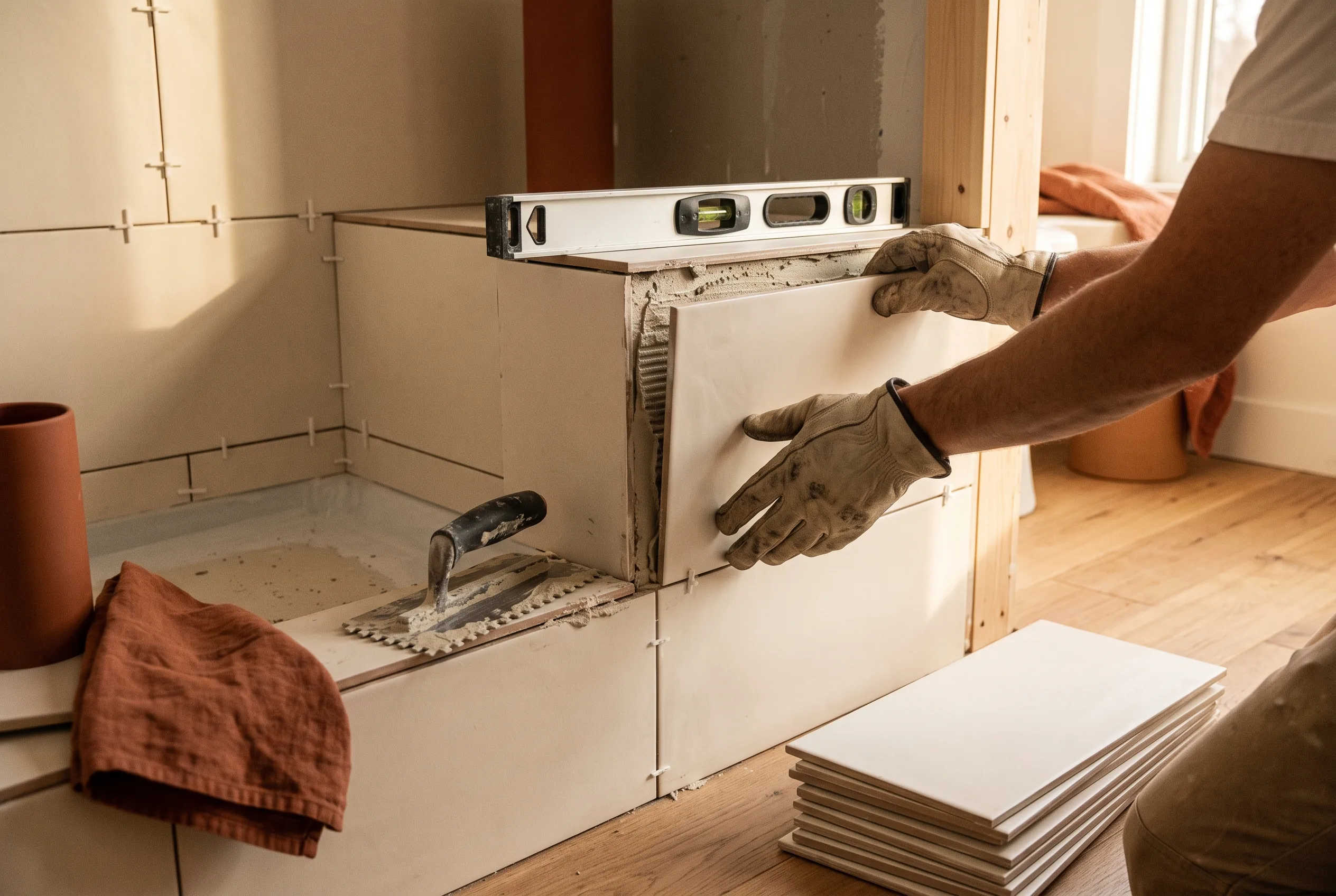 Gloved hands setting tile on a freshly waterproofed shower wall