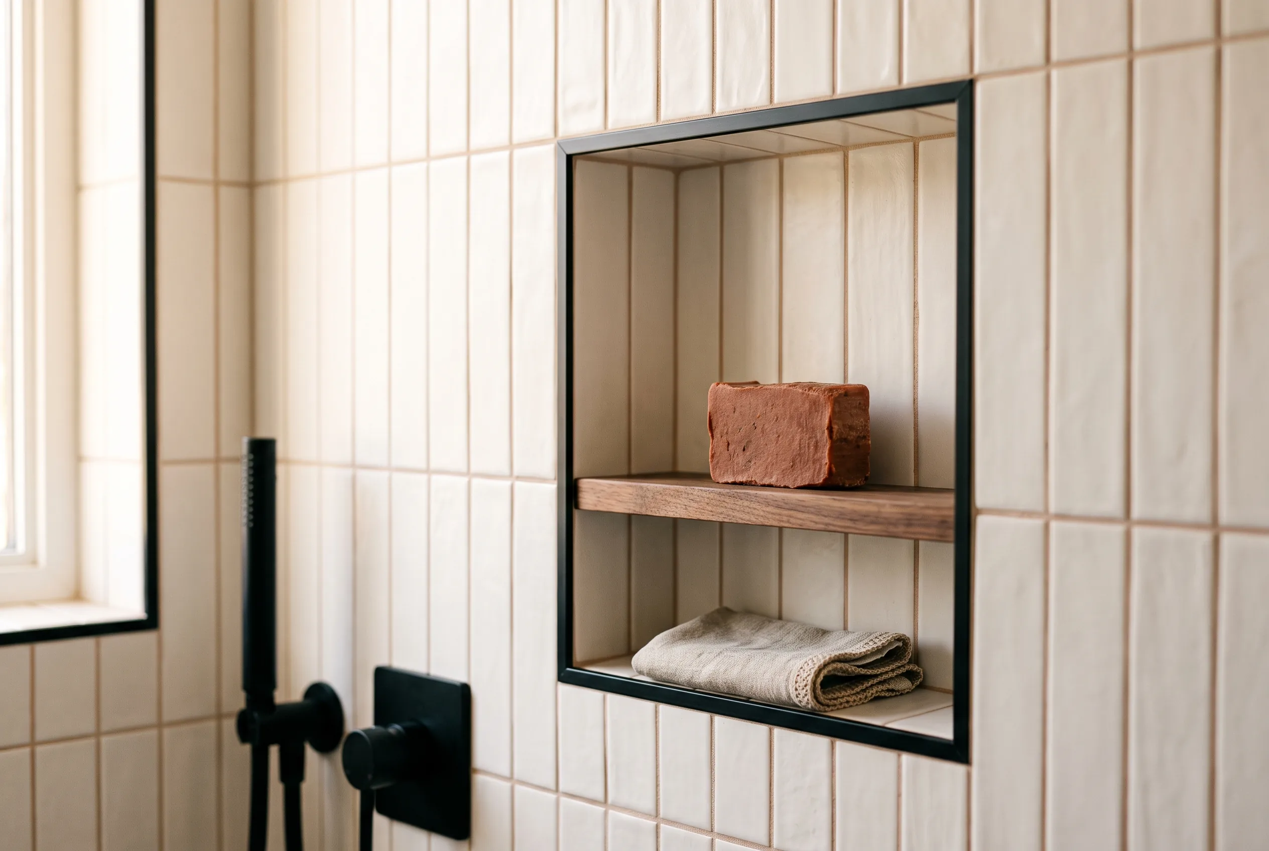 Tiled shower niche detail with a brass shelf