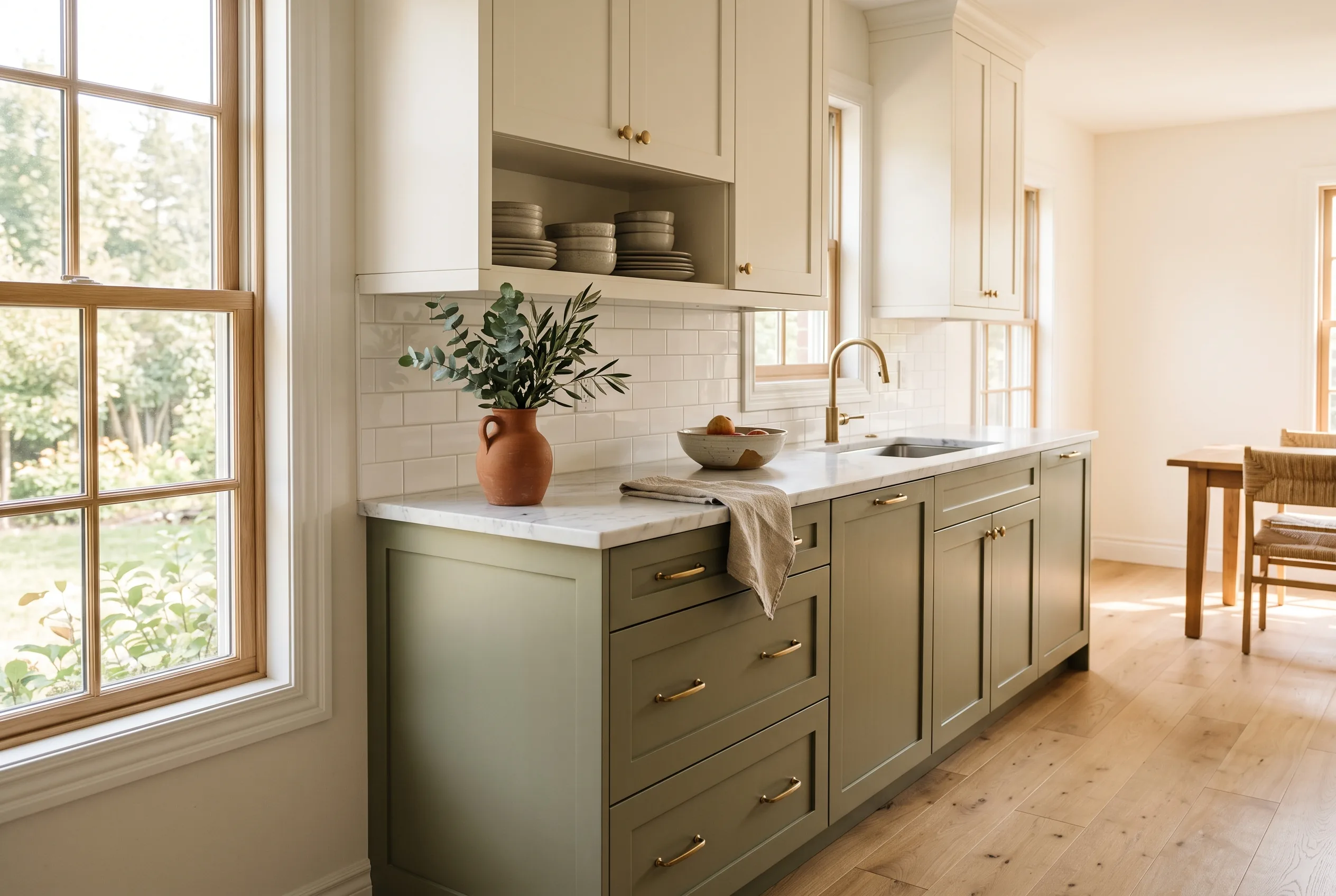 Two-tone kitchen with sage-green lower cabinets, cream uppers and brass hardware