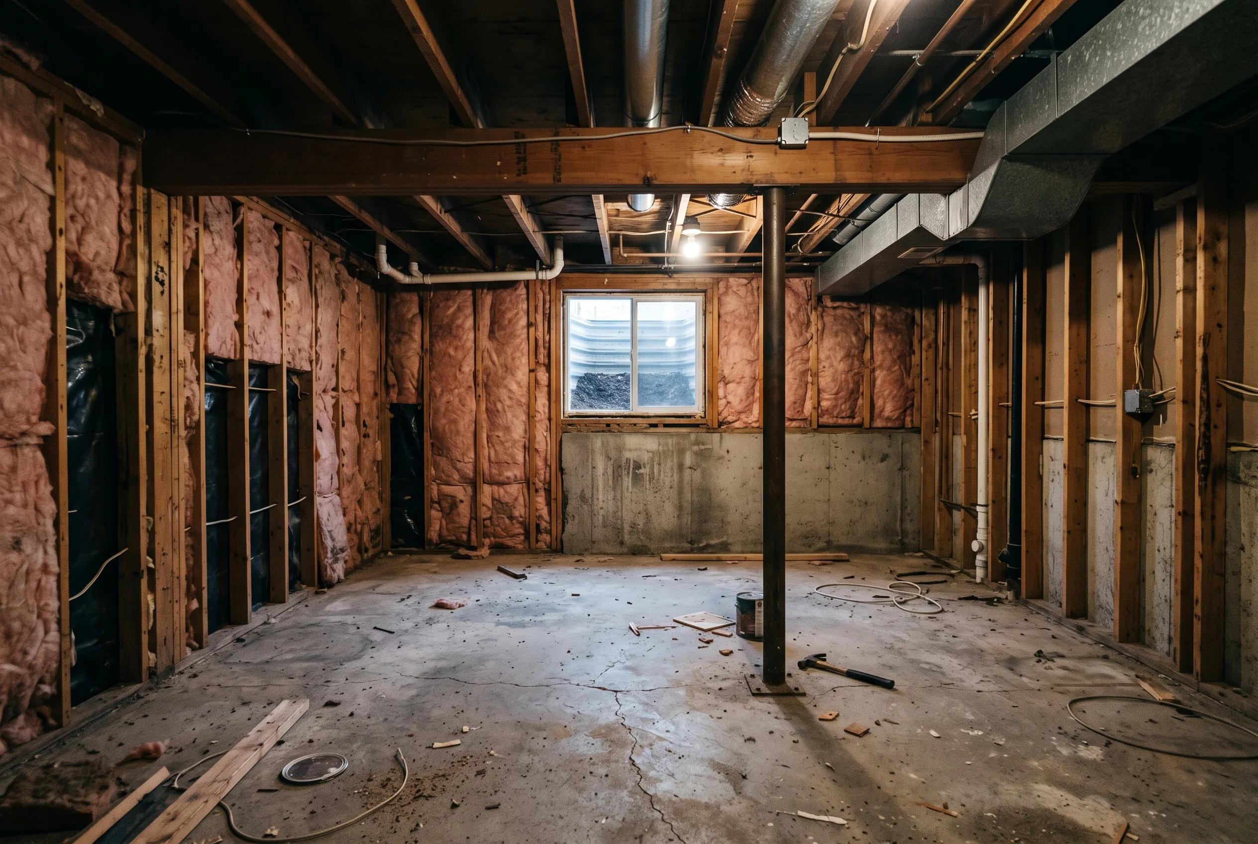 A dated unfinished basement before renovation