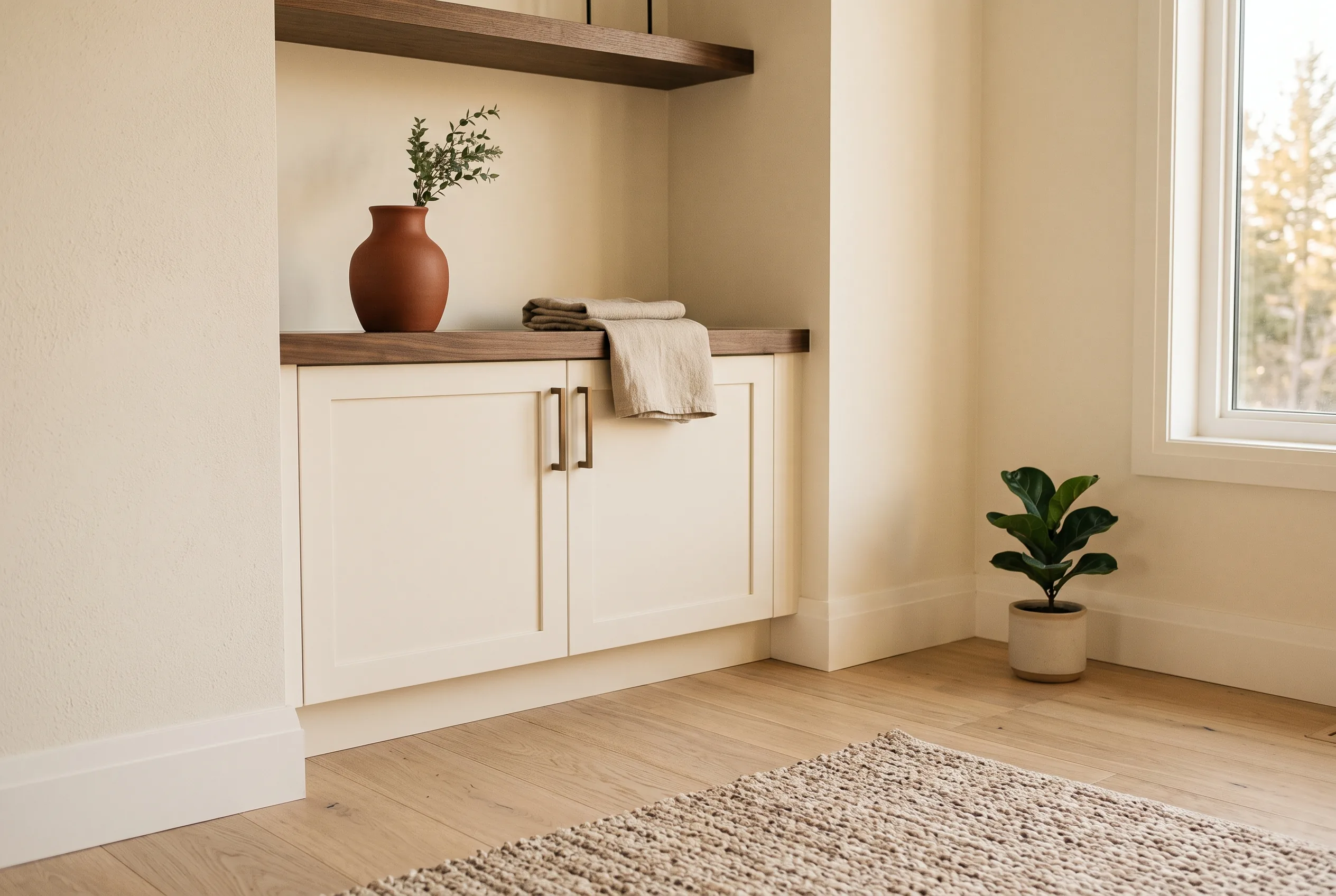 A finished room with new wide-plank white-oak flooring